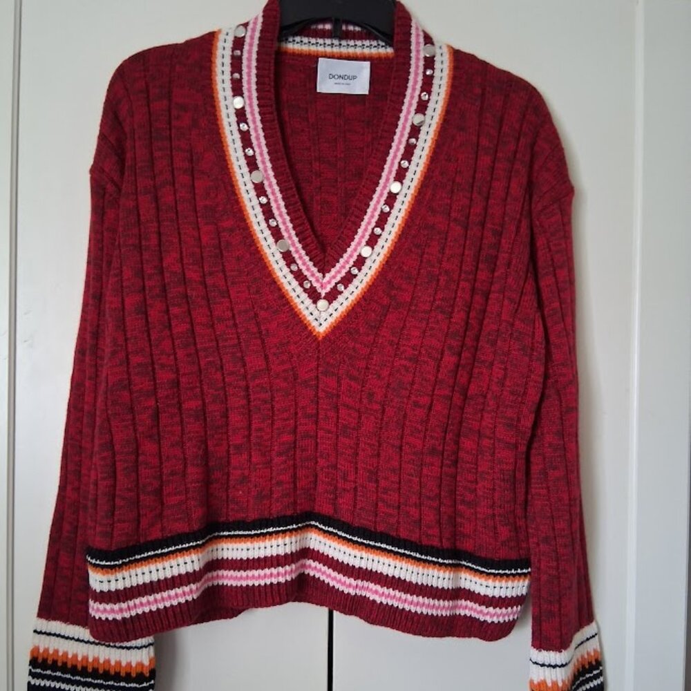 Dondup Red V-Neck Sweater Rhinestone & Mirrored Studs Made in Italy NWT Sz L